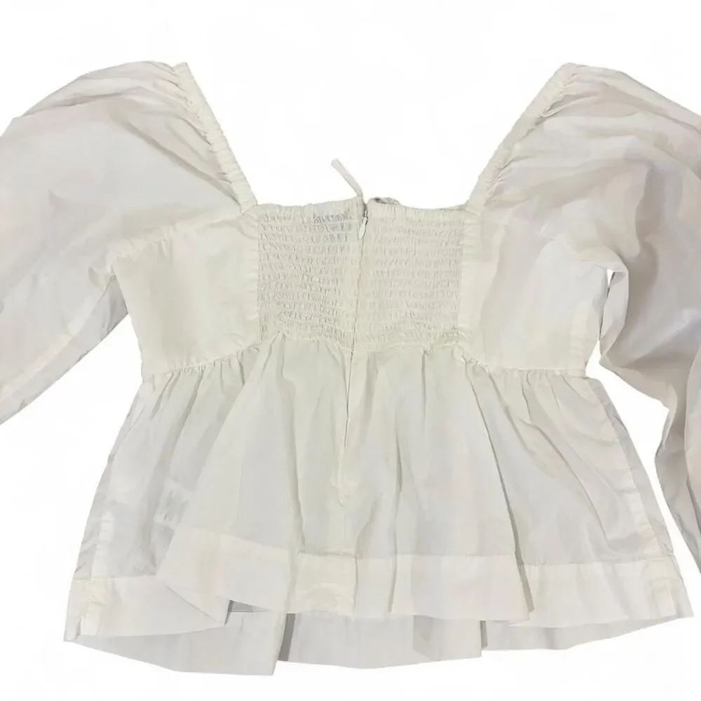 J.Crew White Cotton Puff Sleeve Peplum Top Size 6 Square Neck Cottagecore Blouse